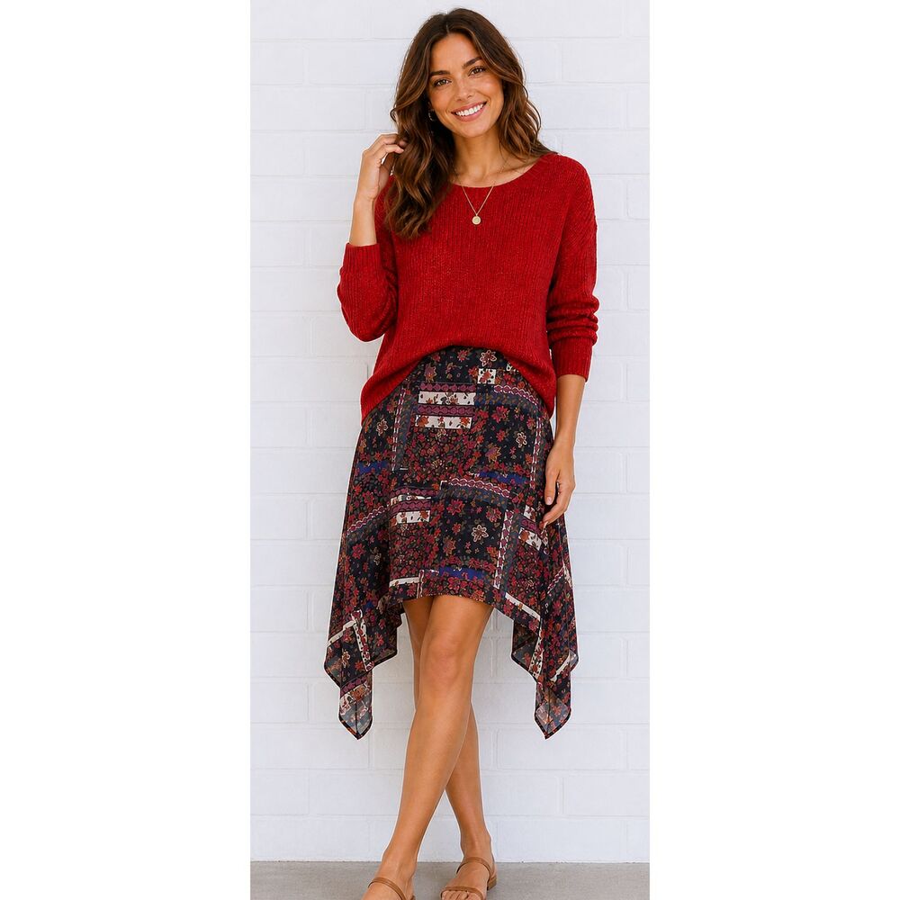 New UMGEE s 4 6 Black Floral Asymmetrical Handkerchief Hem Elastic Waist Skirt